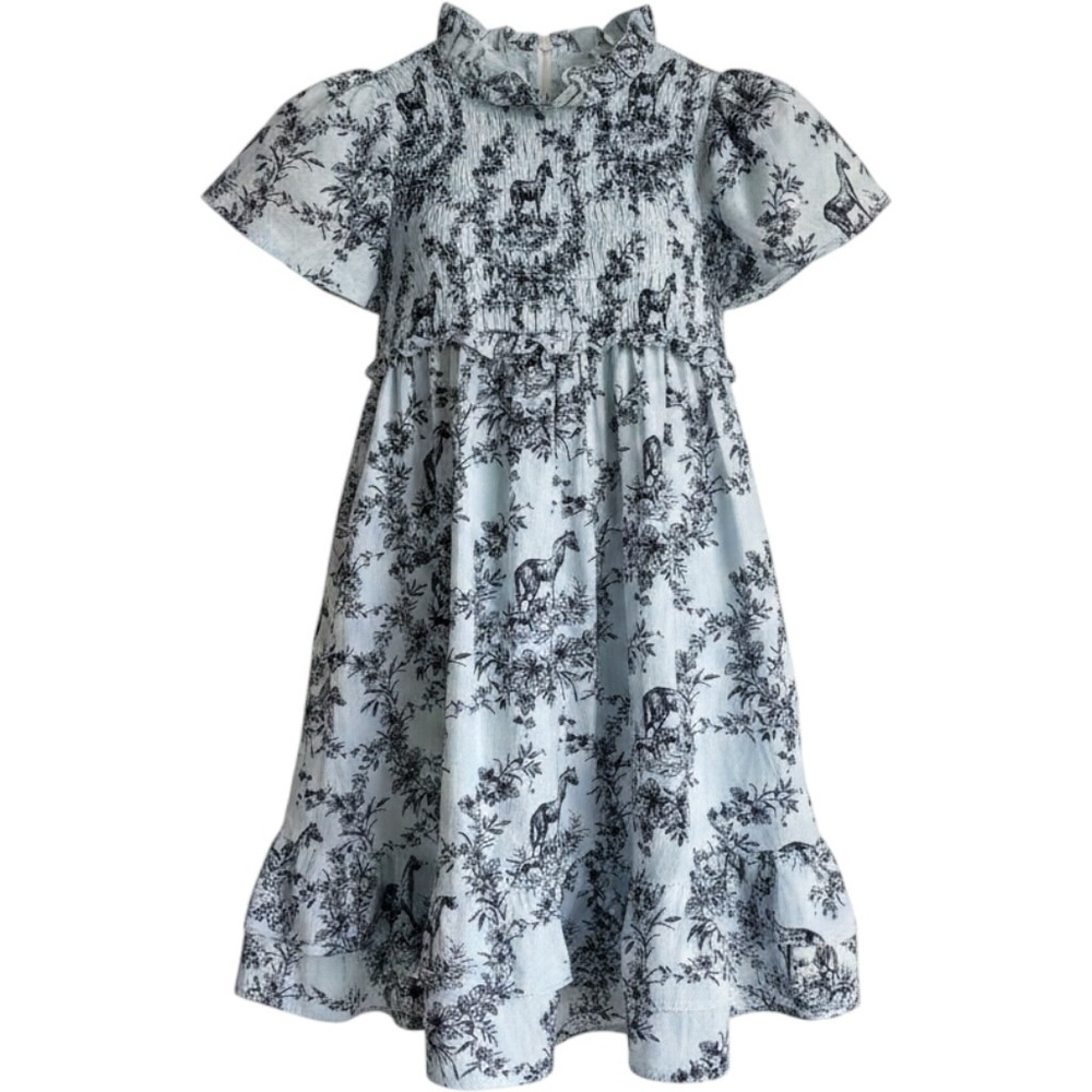 Janie and Jack Girls 7 Blue Toile Horse Equestrian Smocked Dress Cottagecore dog